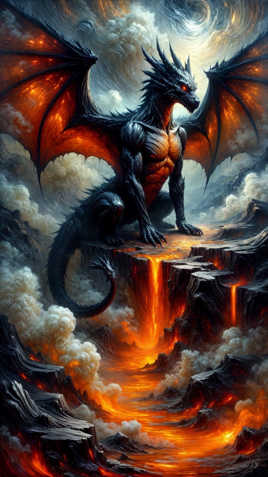 Majestic dragon on rocky outcrop with lava below