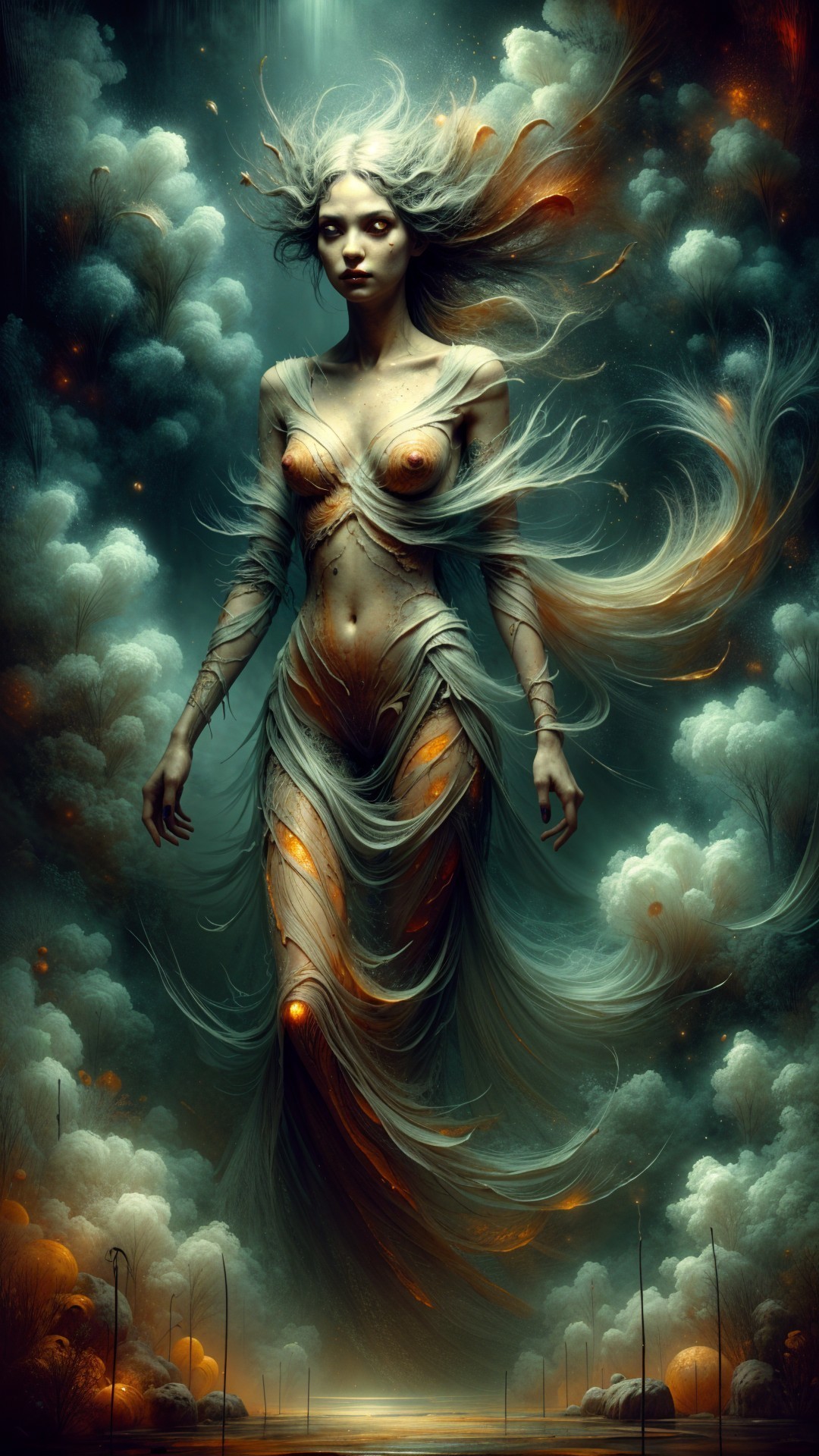 Mystical Figure in Ethereal Gown Amid Dreamlike Clouds