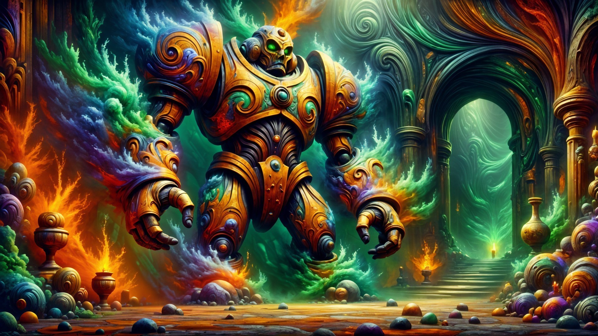 Intricate Robotic Figure in a Mystical Environment