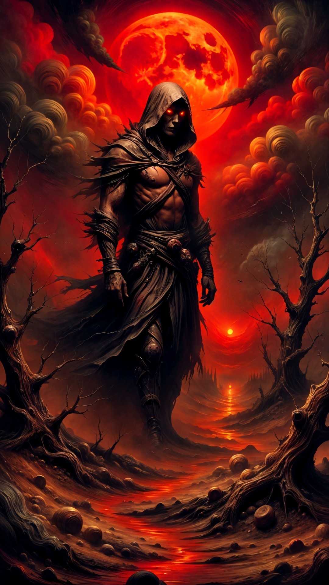 Mysterious Figure in Dark Robes in Fiery Landscape