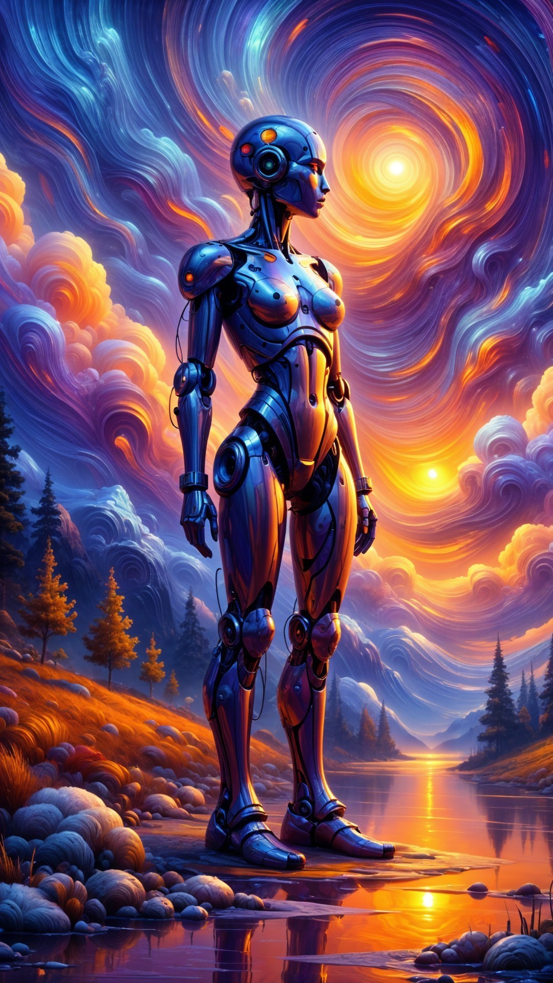 Metallic Robot by Tranquil Lake at Sunset