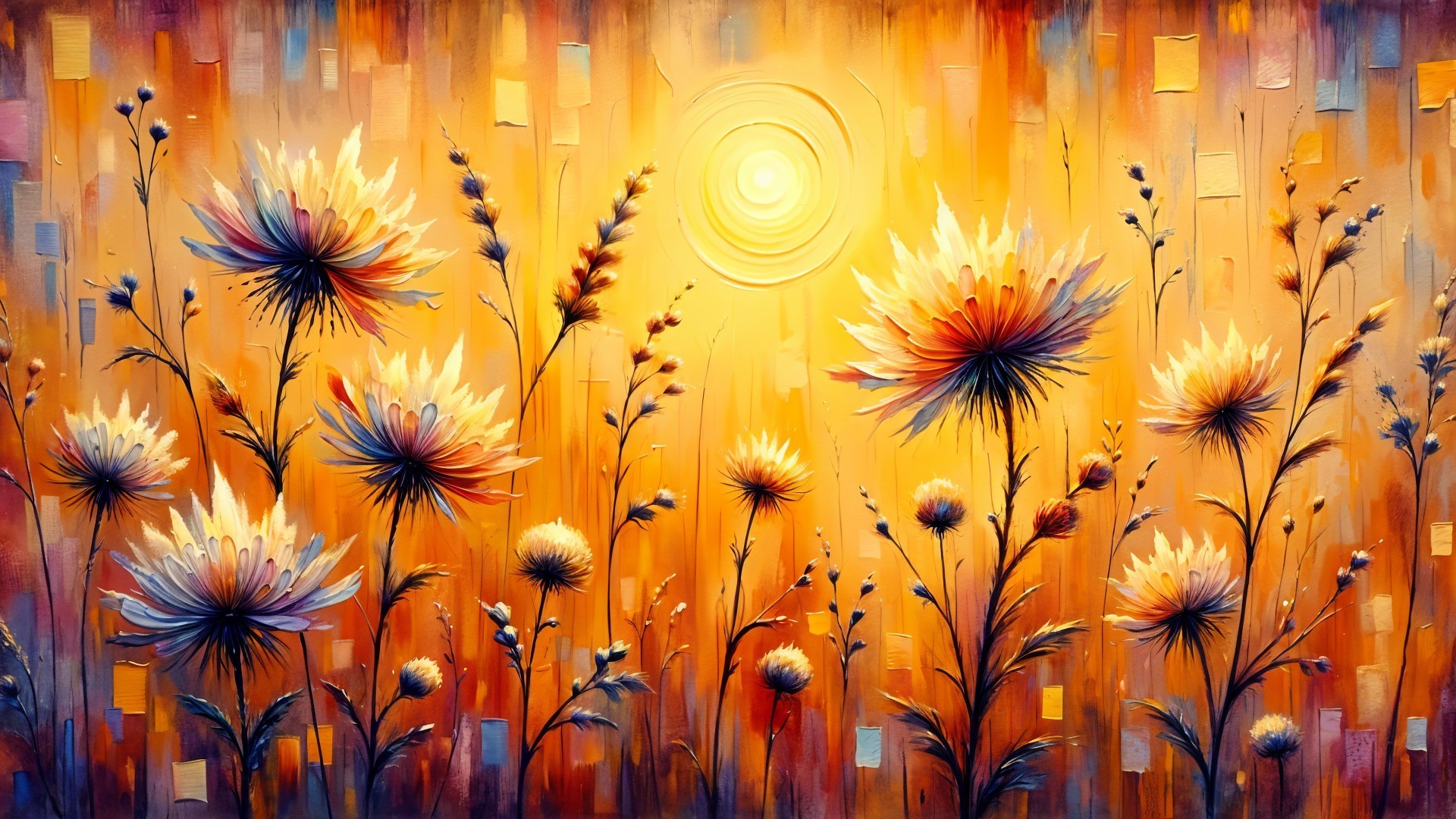 Vibrant Sunset with Blooming Flowers in Warm Colors