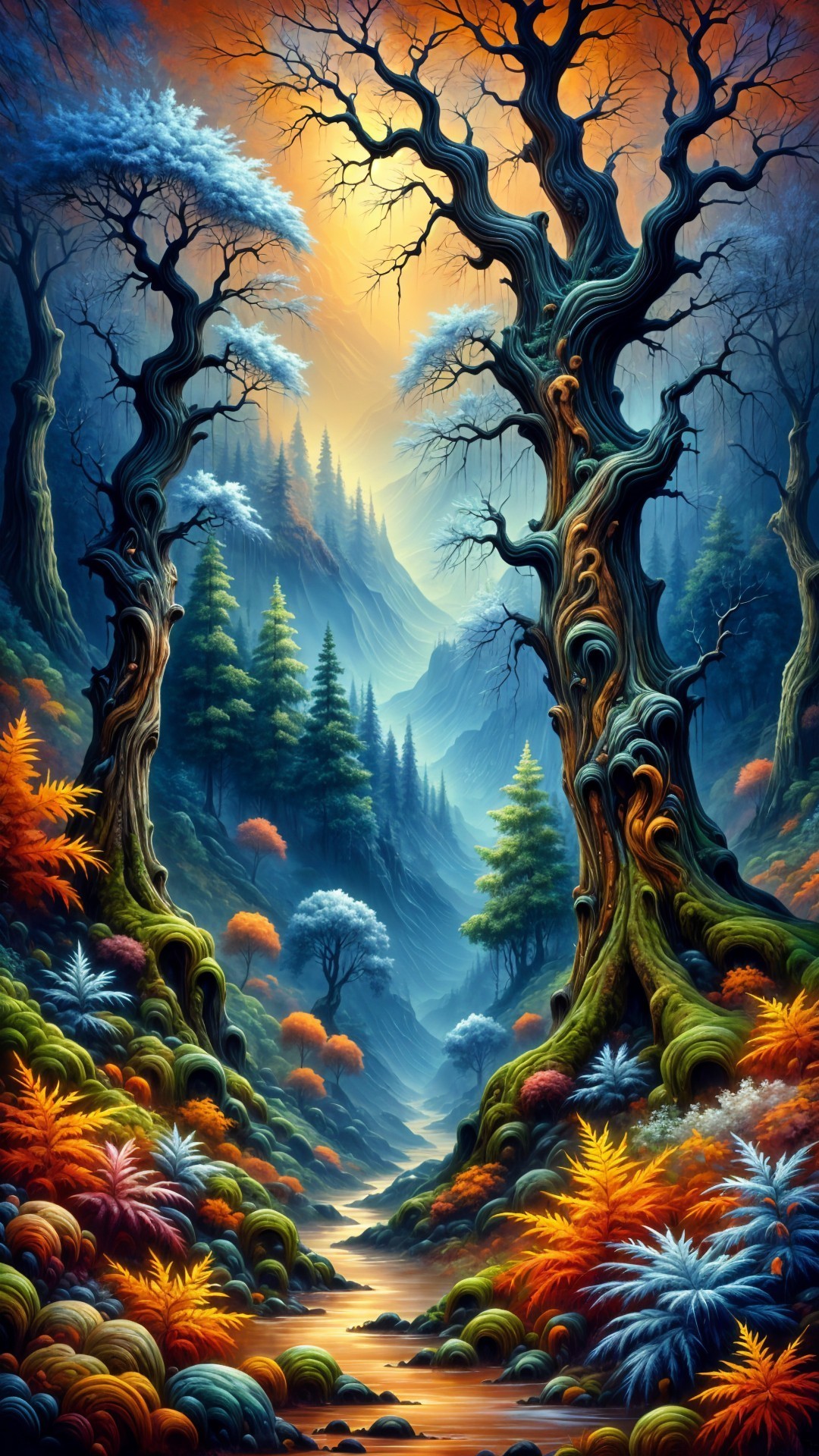 Whimsical Landscape with Twisted Trees and Sunset Stream