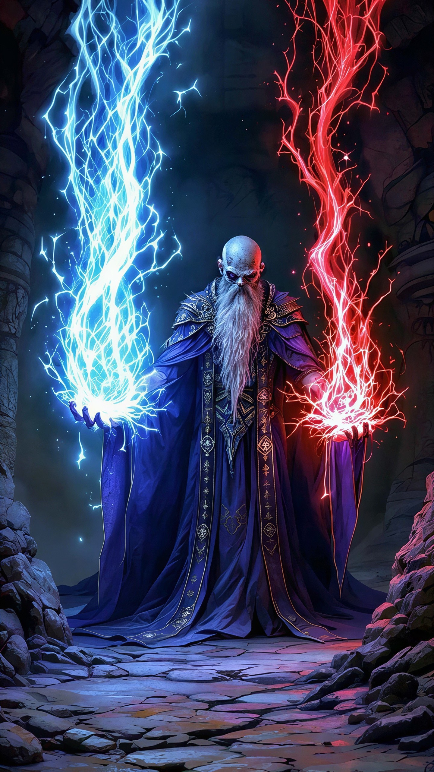 Majestic Wizard in Ancient Stone Cavern with Magic