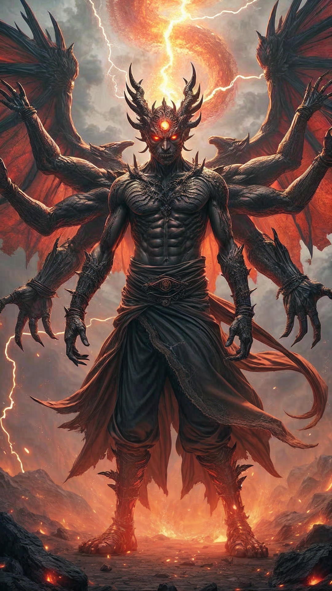 Mythical figure with dragon wings in fiery landscape