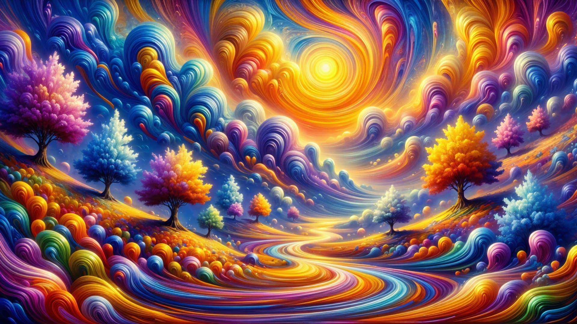 Vibrant Landscape with Colorful Clouds and Hills