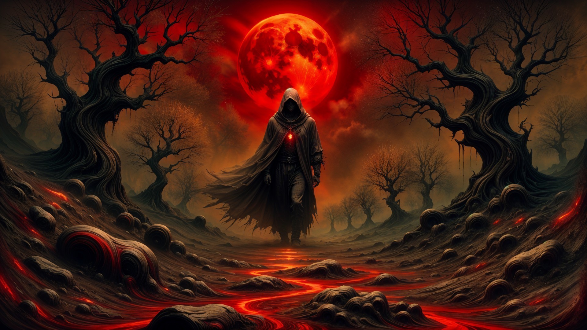 Hooded Figure in Dark Landscape Under Red Moon