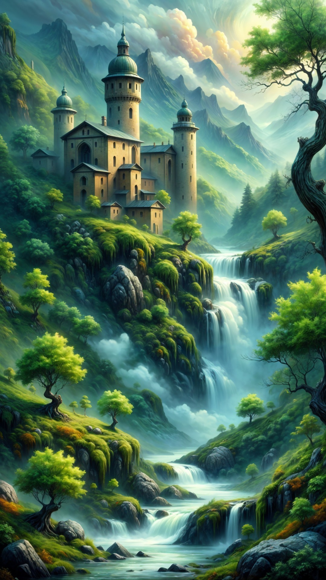 Majestic castle in serene landscape with waterfall