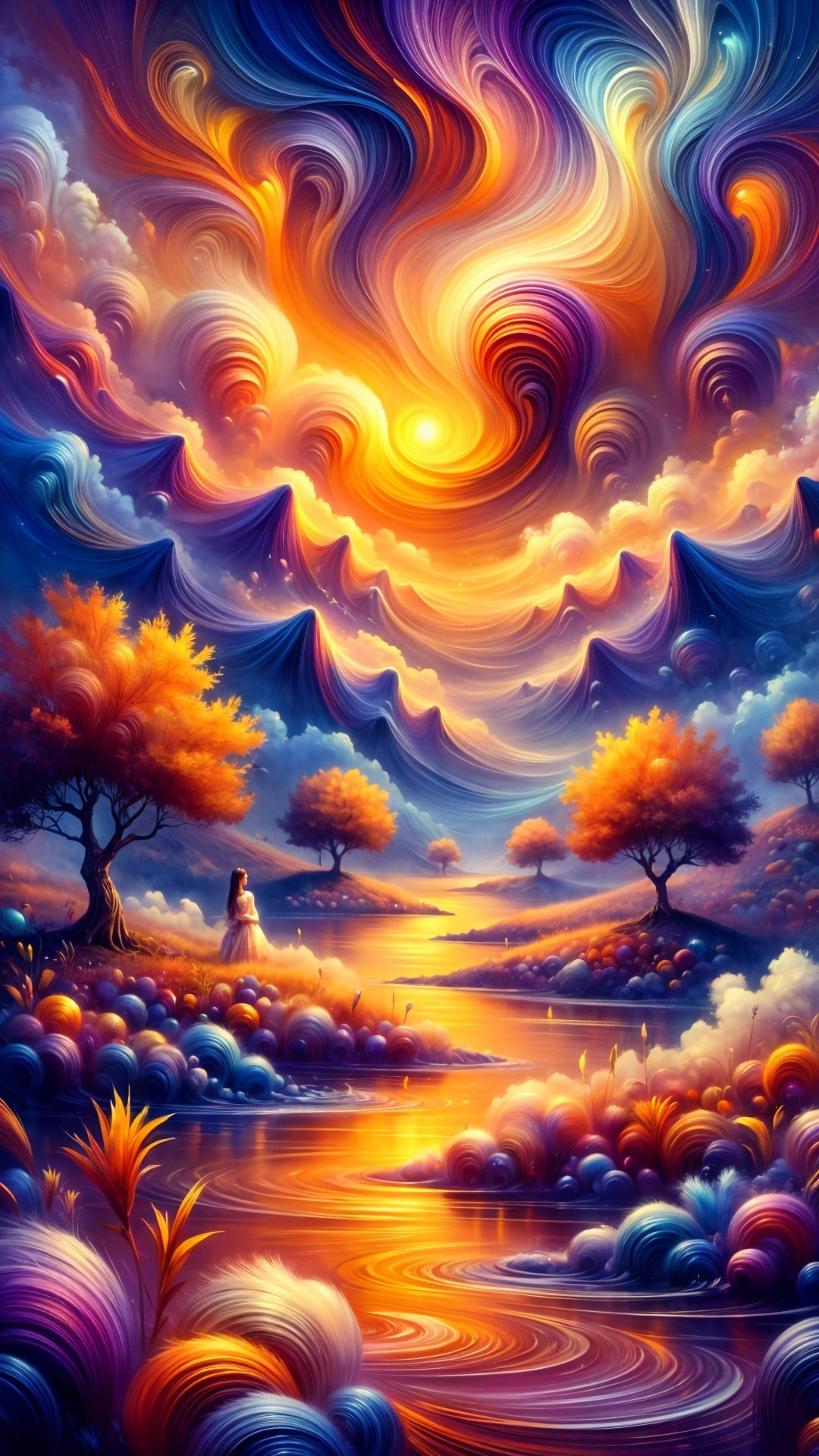 Surreal Landscape with Vibrant Clouds and River Reflection