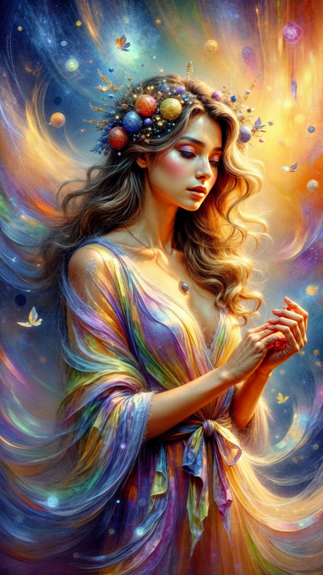 Mystical Figure with Planet Crown in Cosmic Setting