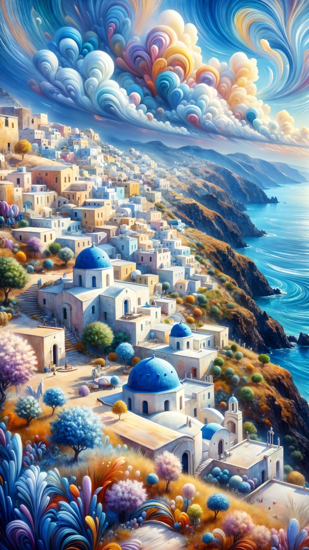 Vibrant Coastal Village with Blue Domes and Cliffs