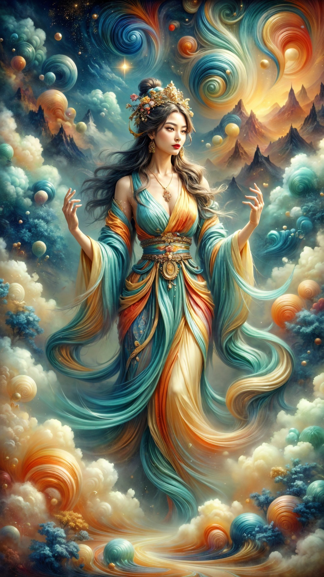 Mystical Figure in Vibrant Celestial Landscape