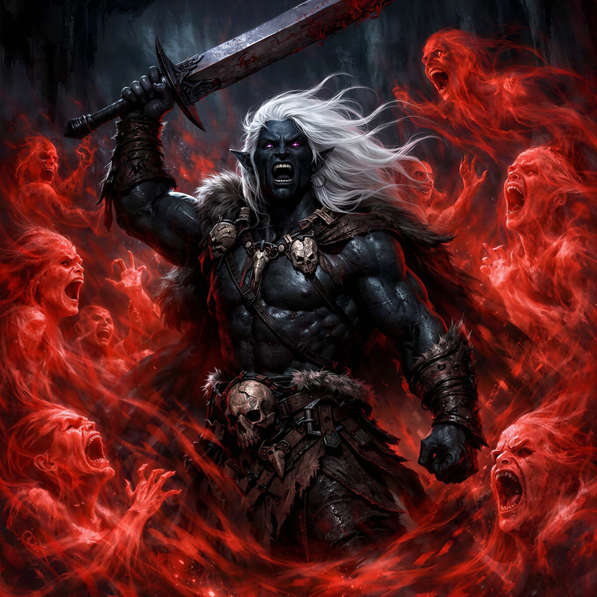 Muscular Dark Elf Barbarian in Dark Cave Environment