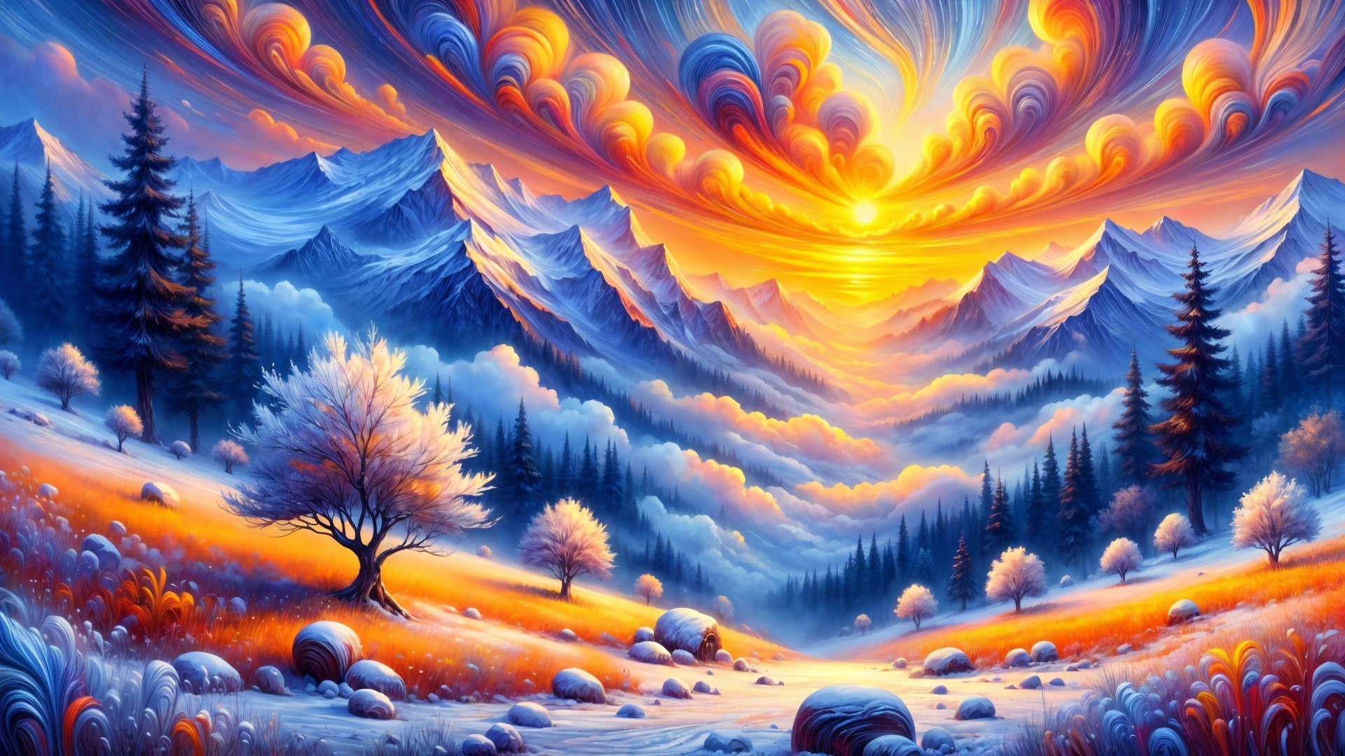 Majestic sunset landscape with colorful mountains and trees