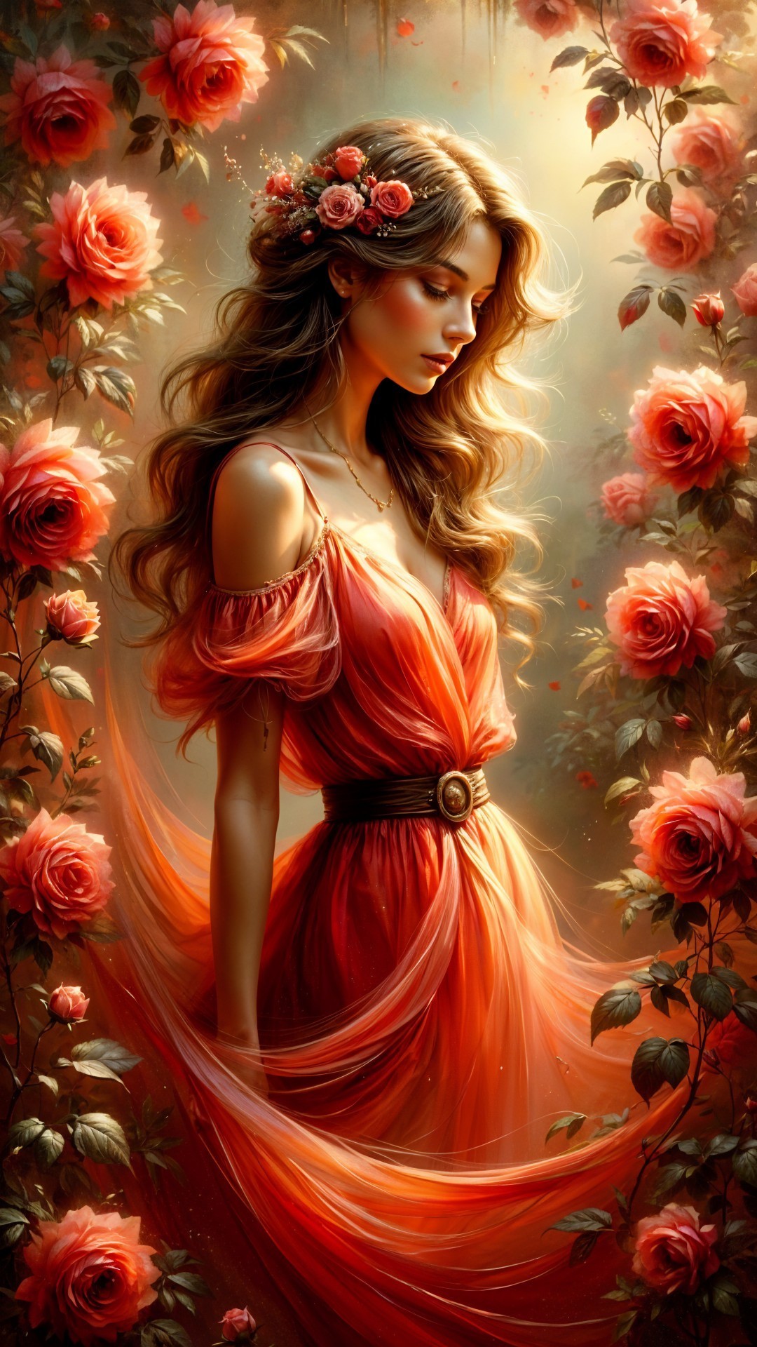 Serene woman in orange dress among vibrant roses