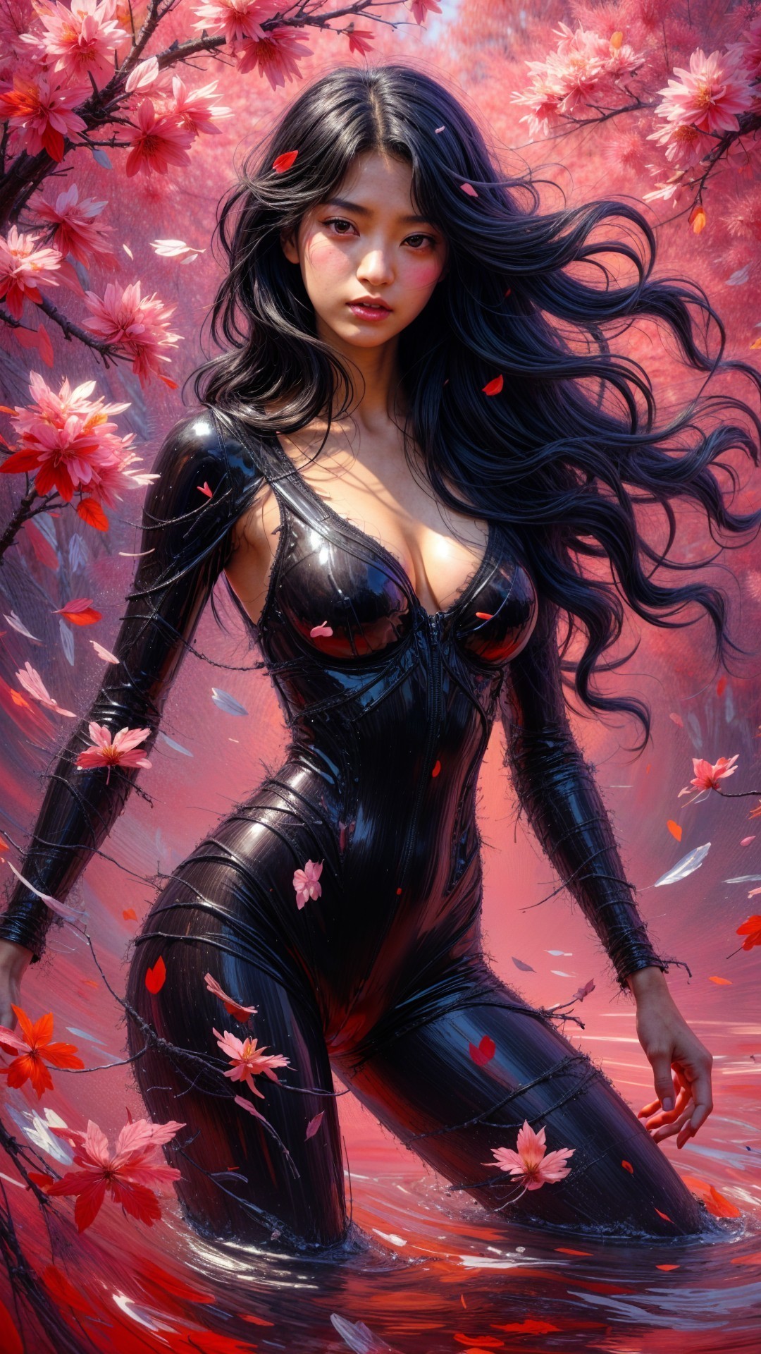Character in Black Outfit Among Cherry Blossoms