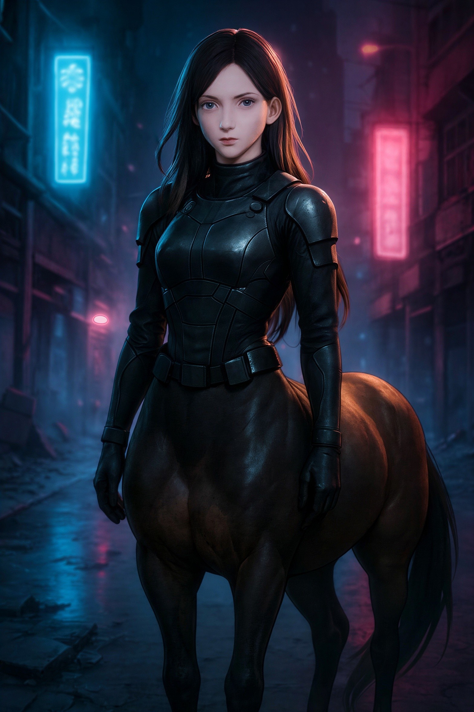 Cyborg Centaur Girl in Cyberpunk Alley Setting