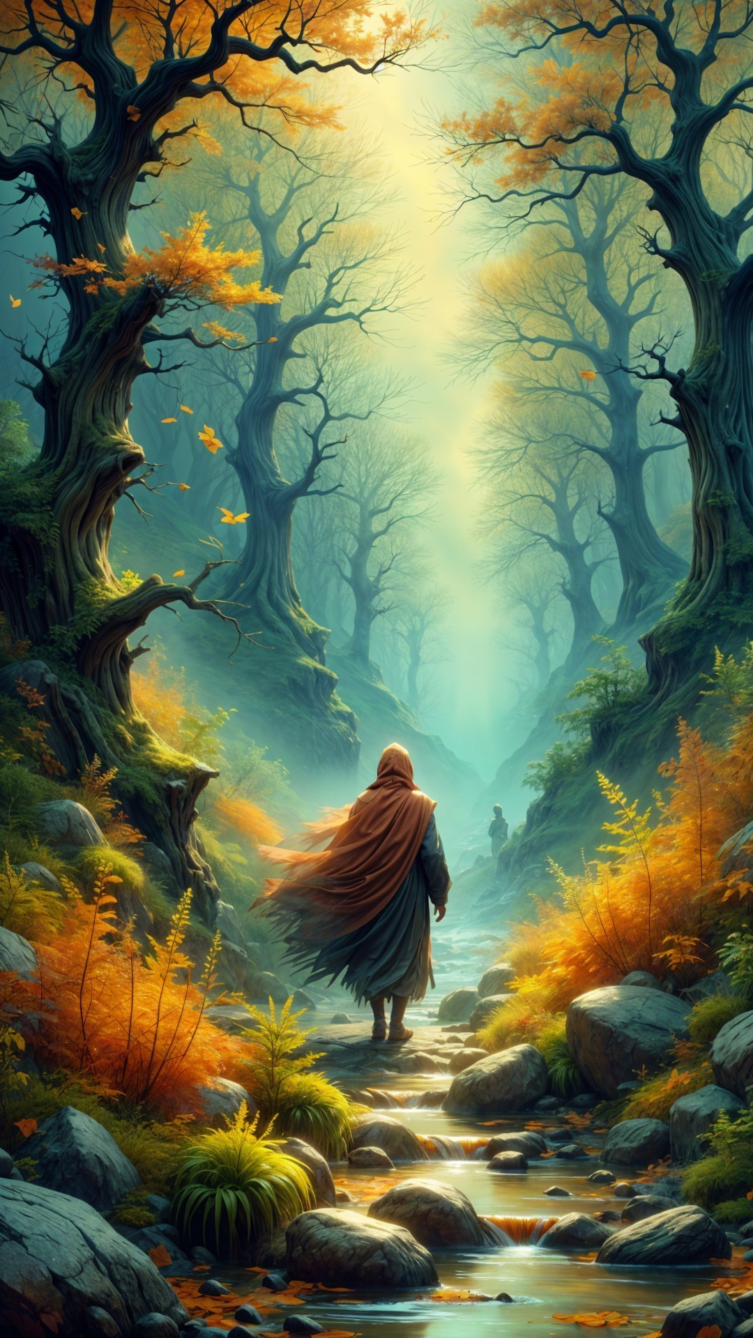 Solitary Figure Walking in a Mystical Autumn Forest