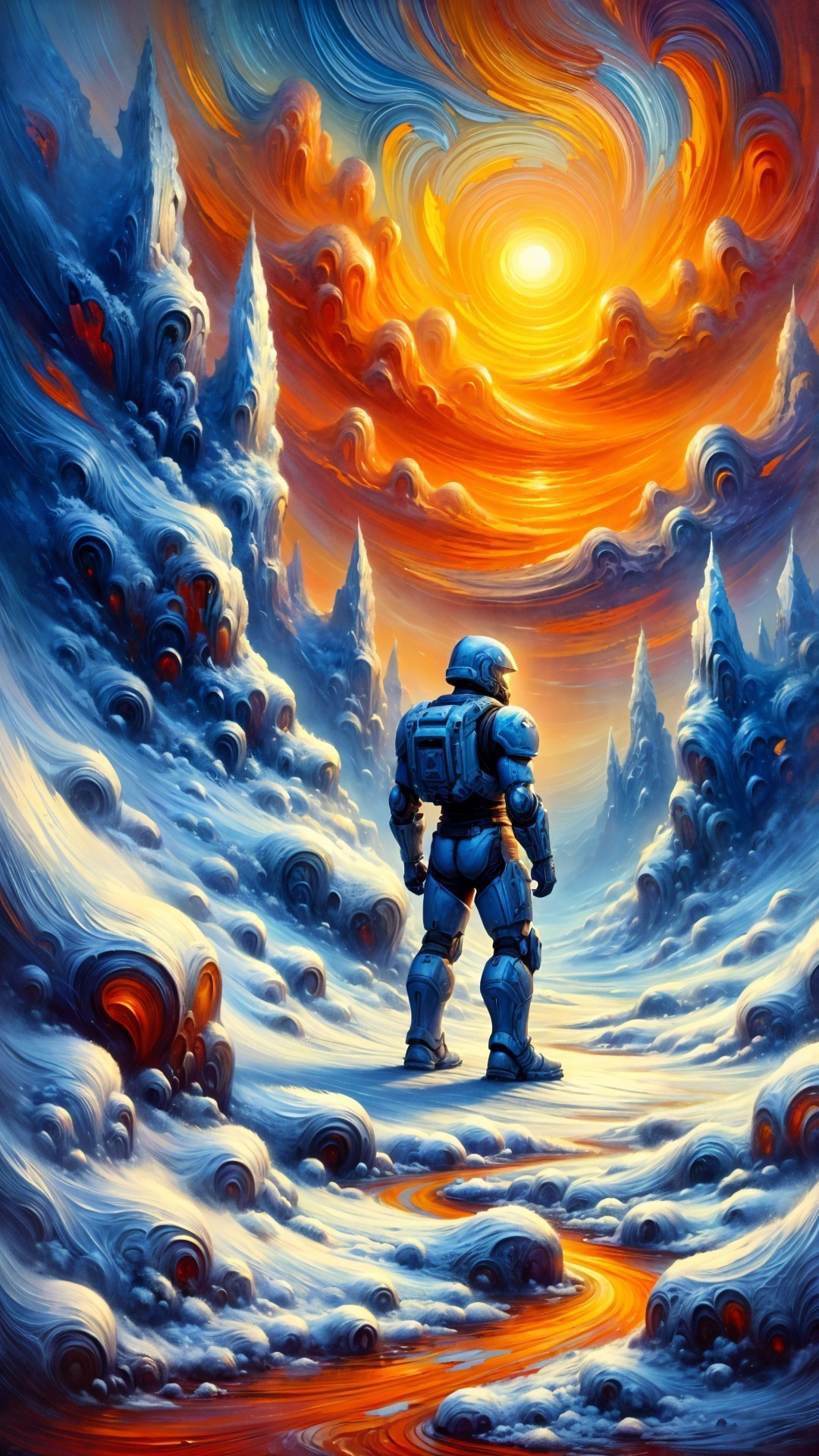 Futuristic figure in icy mountains and colorful skies