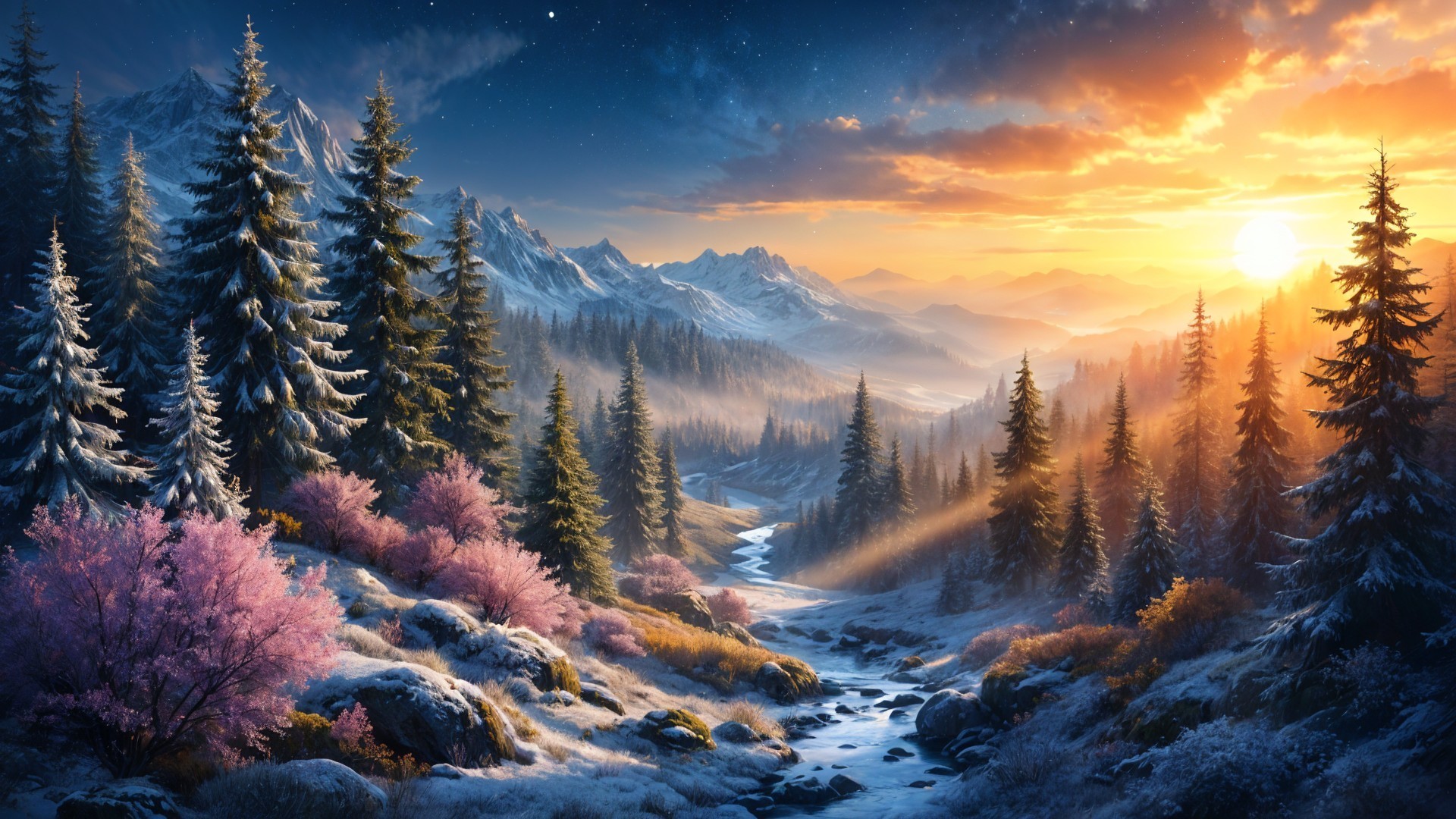 Dawn Landscape with Snowy Mountains and Serene River