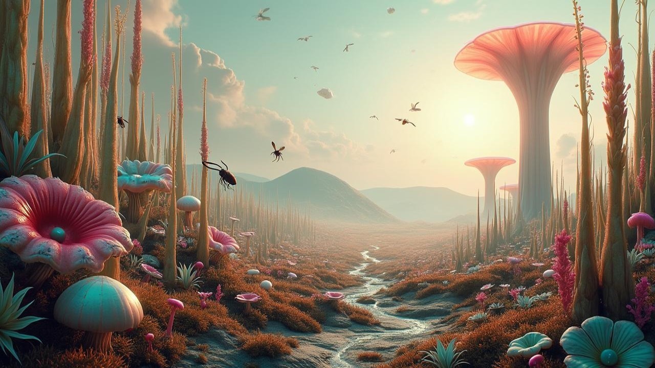 Surreal Landscape with Colorful Mushrooms and Flowers