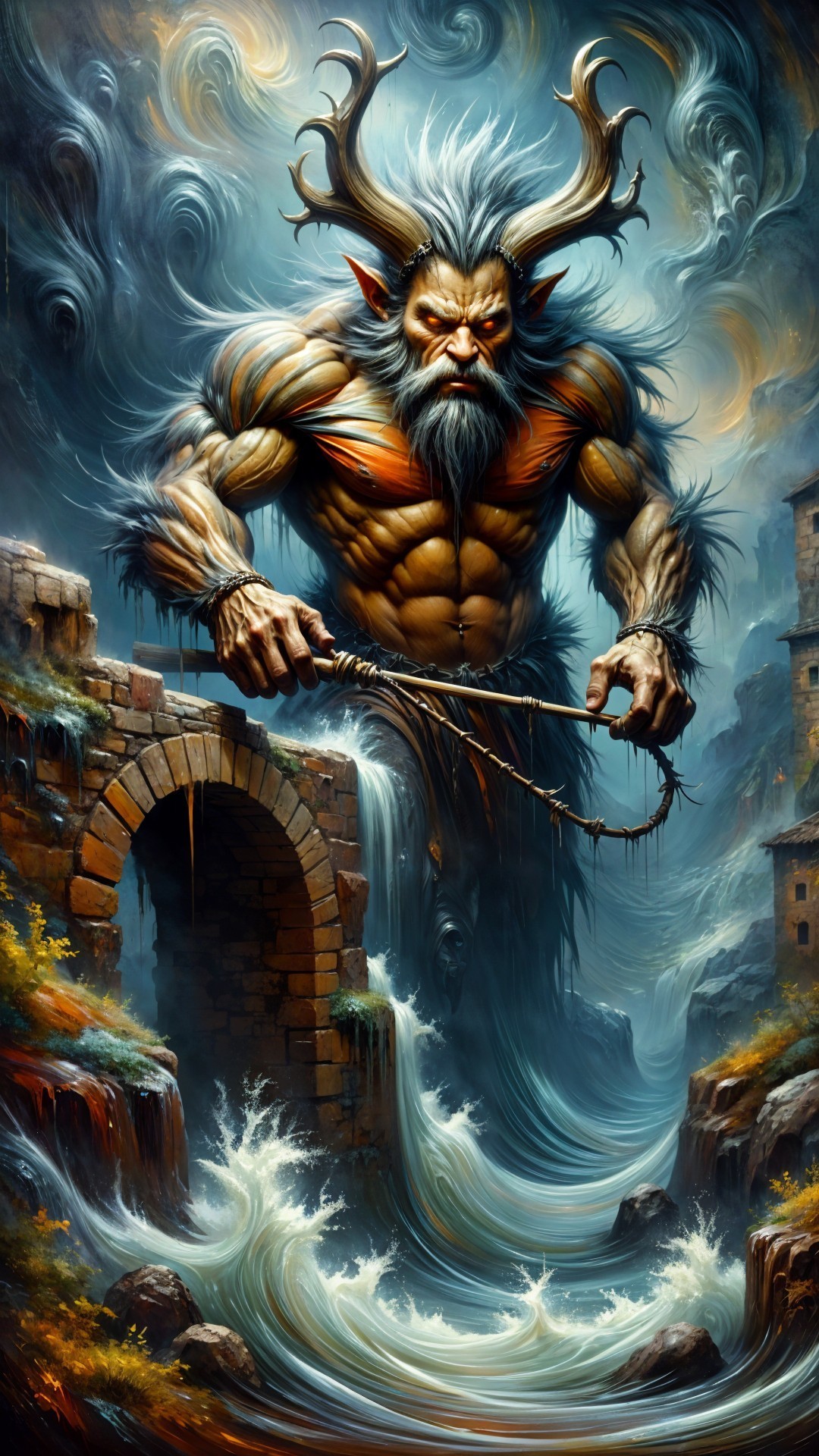 Mythical figure with antlers in a rugged landscape