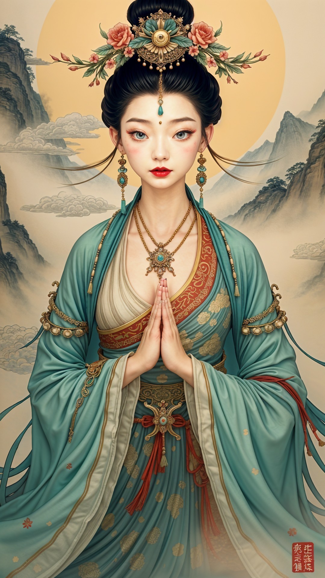Serene figure in turquoise robes with floral adornments