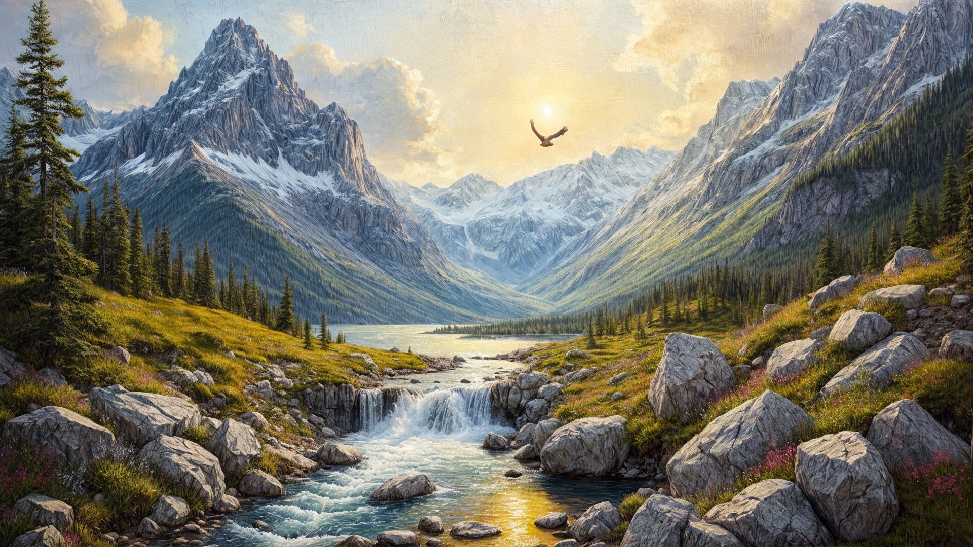 Majestic Snow-Capped Mountains and Serene River Landscape