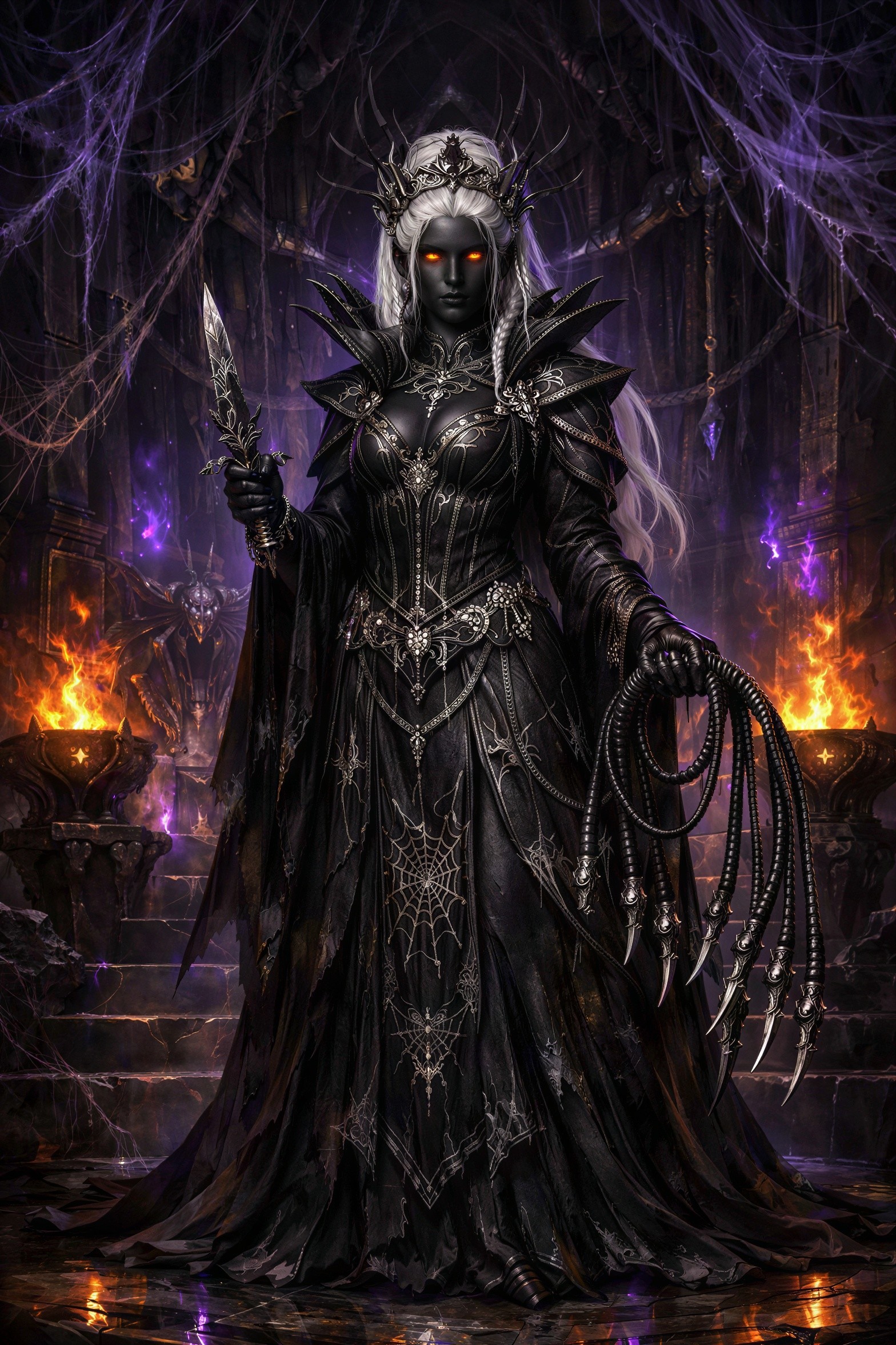 Dark Elf Queen in Dungeon Setting with Fiery Cauldron