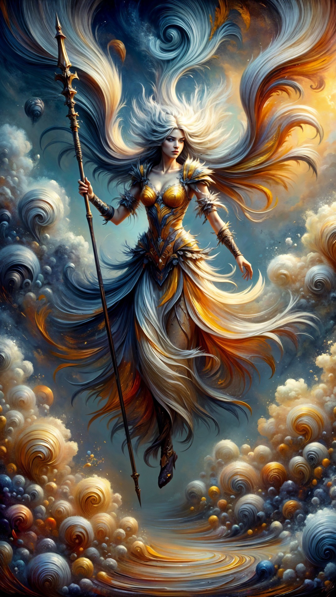 Majestic figure in shimmering armor with vibrant hair