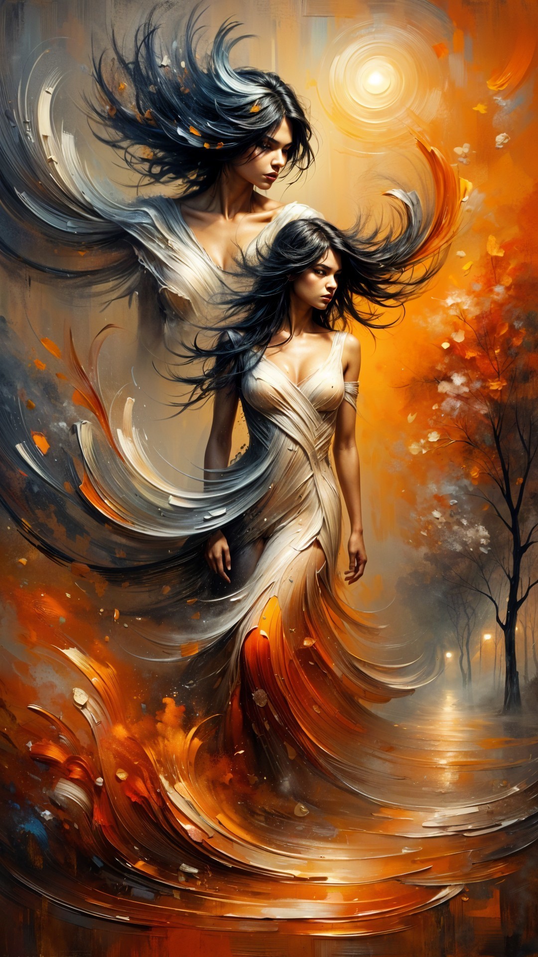 Female Figure in Duality Against Abstract Landscape