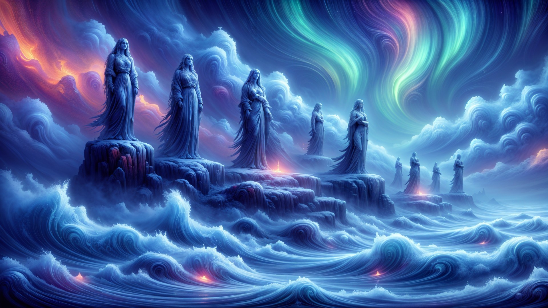 Surreal Landscape with Towering Ethereal Statues