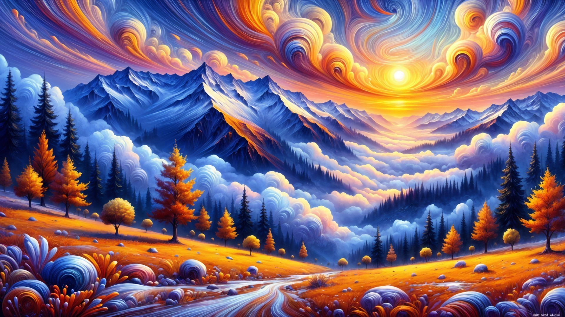 Vibrant Autumn Landscape with Swirling Sunset Clouds