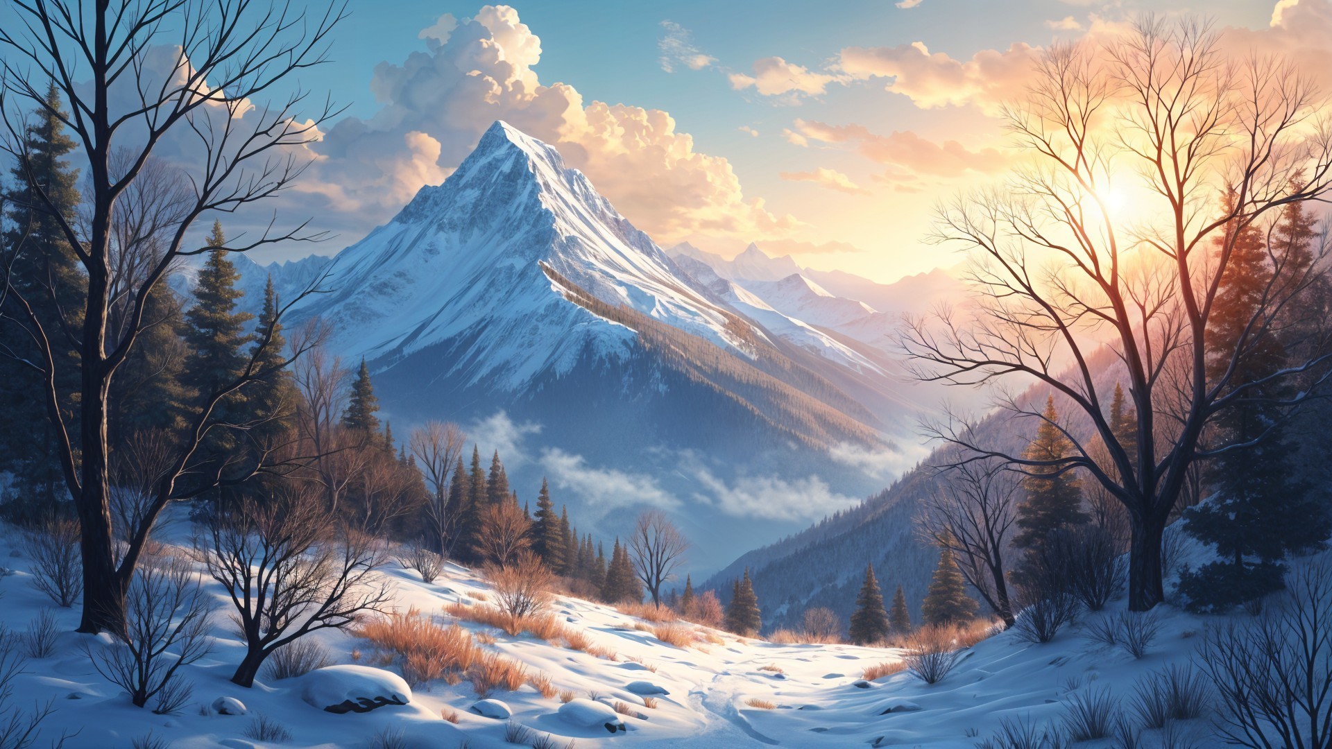 Serene Winter Landscape with Snow-Capped Mountain