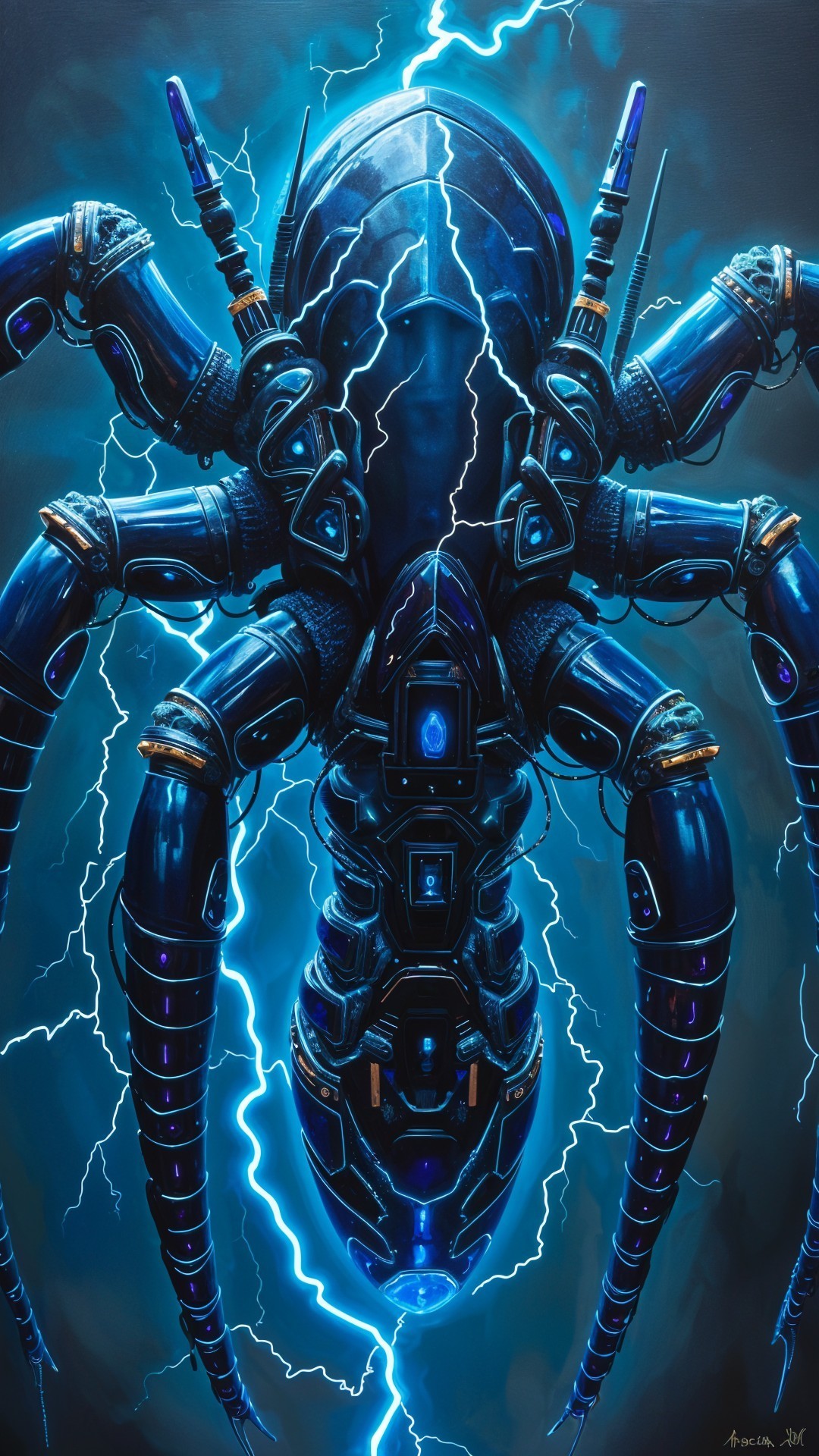 Futuristic Mechanical Spider with Blue Lightning Effects