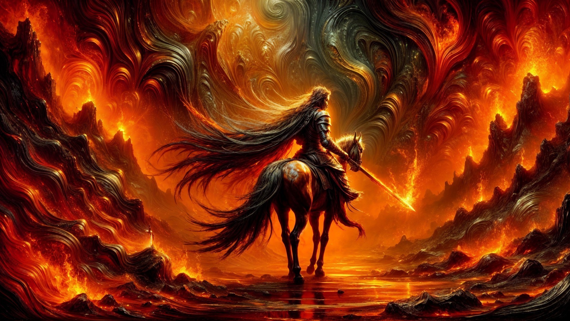 Fierce warrior on horse in fiery, chaotic landscape