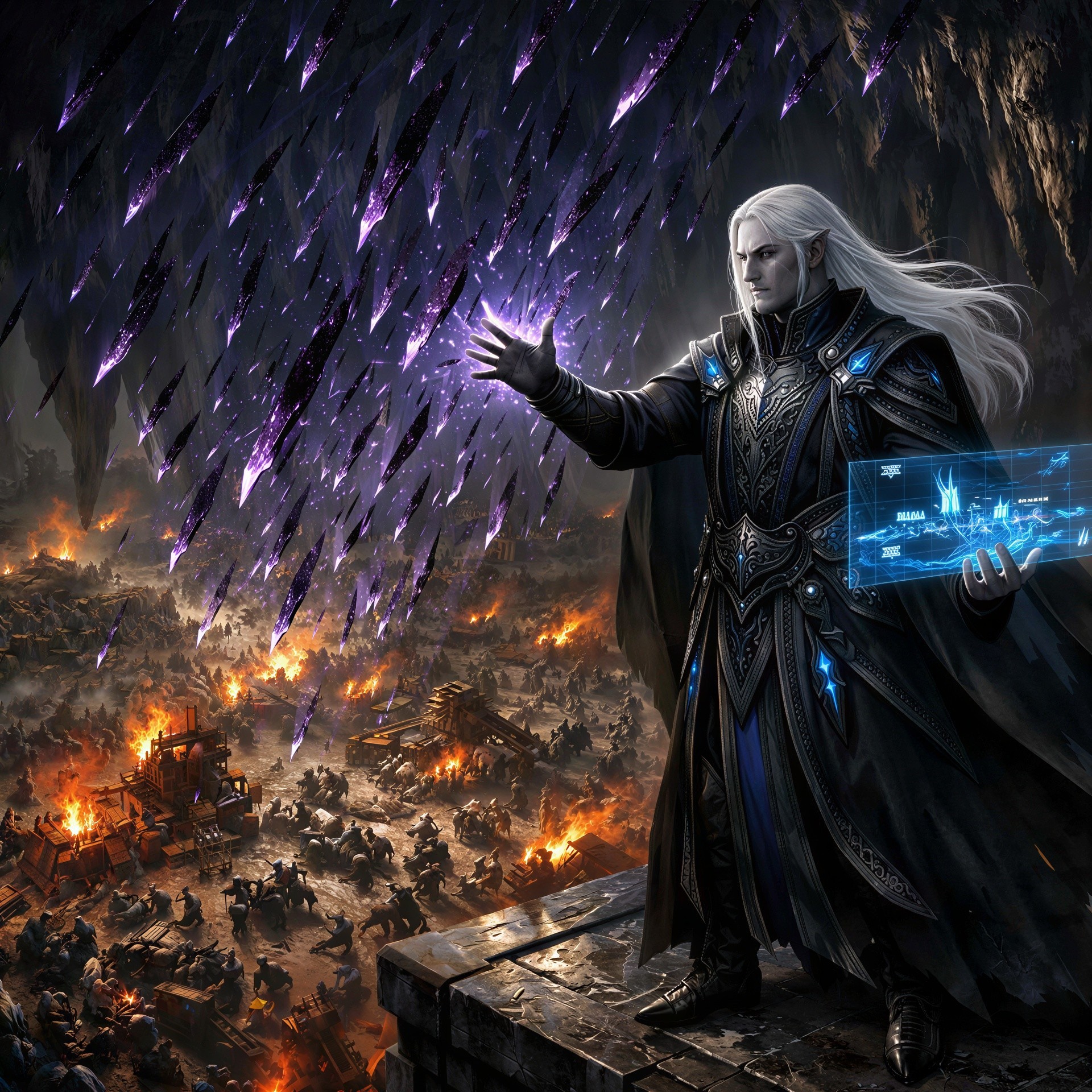 White-Haired Elf on Ledge Over Battlefield Scene