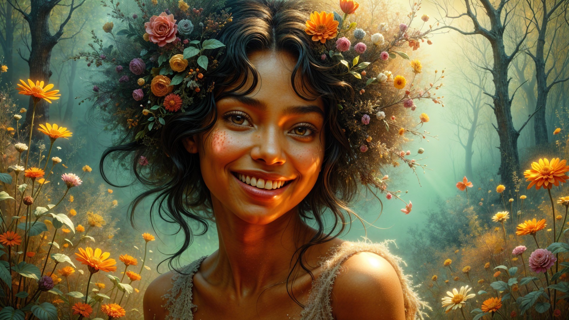 Woman with Floral Crown in Enchanted Forest Setting
