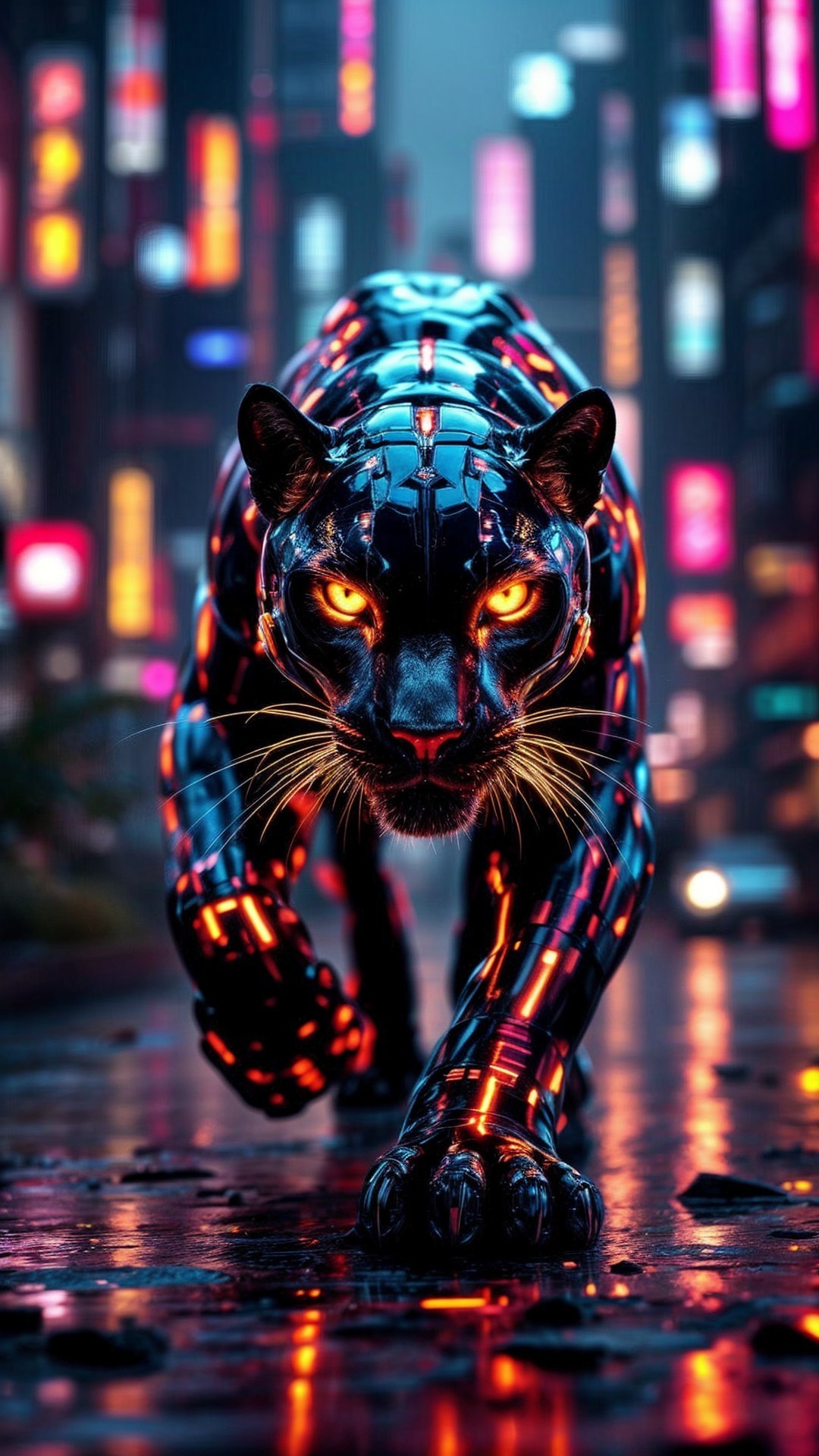 Futuristic Panther in Neon Cityscape with Glowing Patterns