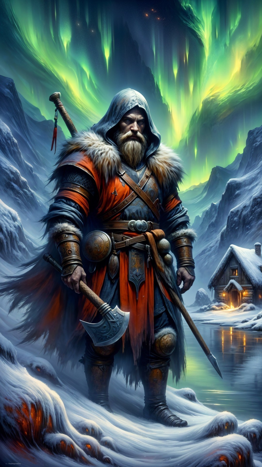 Warrior in Fur Cloak Amidst Snowy Landscape and Aurora