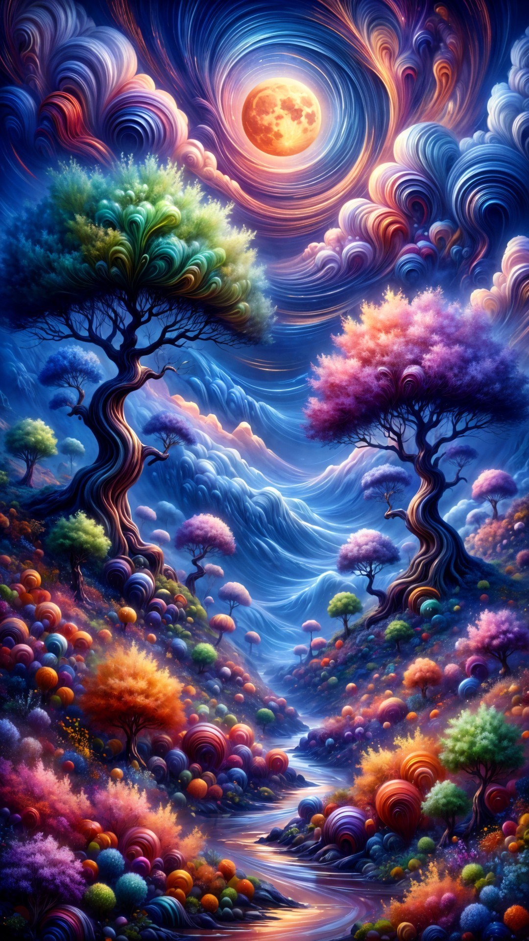Surreal Landscape with Colorful Trees and Moonlit Stream