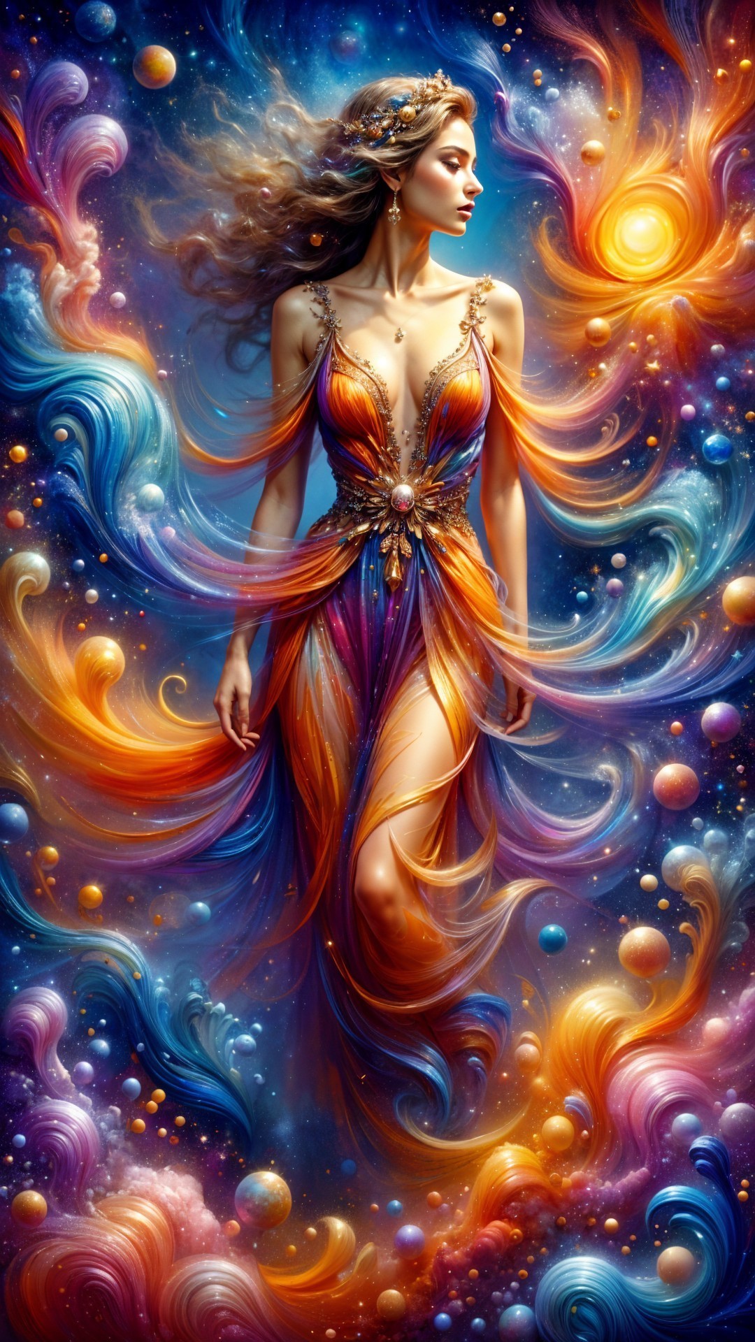 Cosmic Figure in Vibrant Celestial Colors and Elements