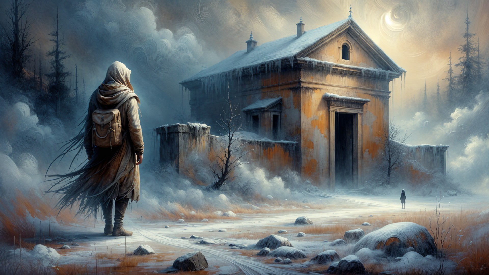 Cloaked Figure in Snowy Landscape by Abandoned Building