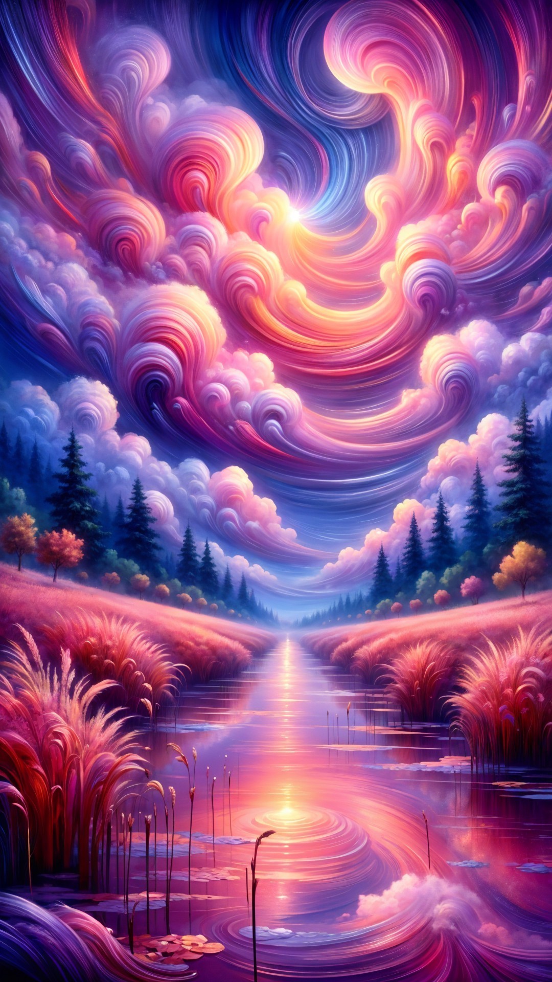 Serene Landscape with Winding River and Colorful Skies
