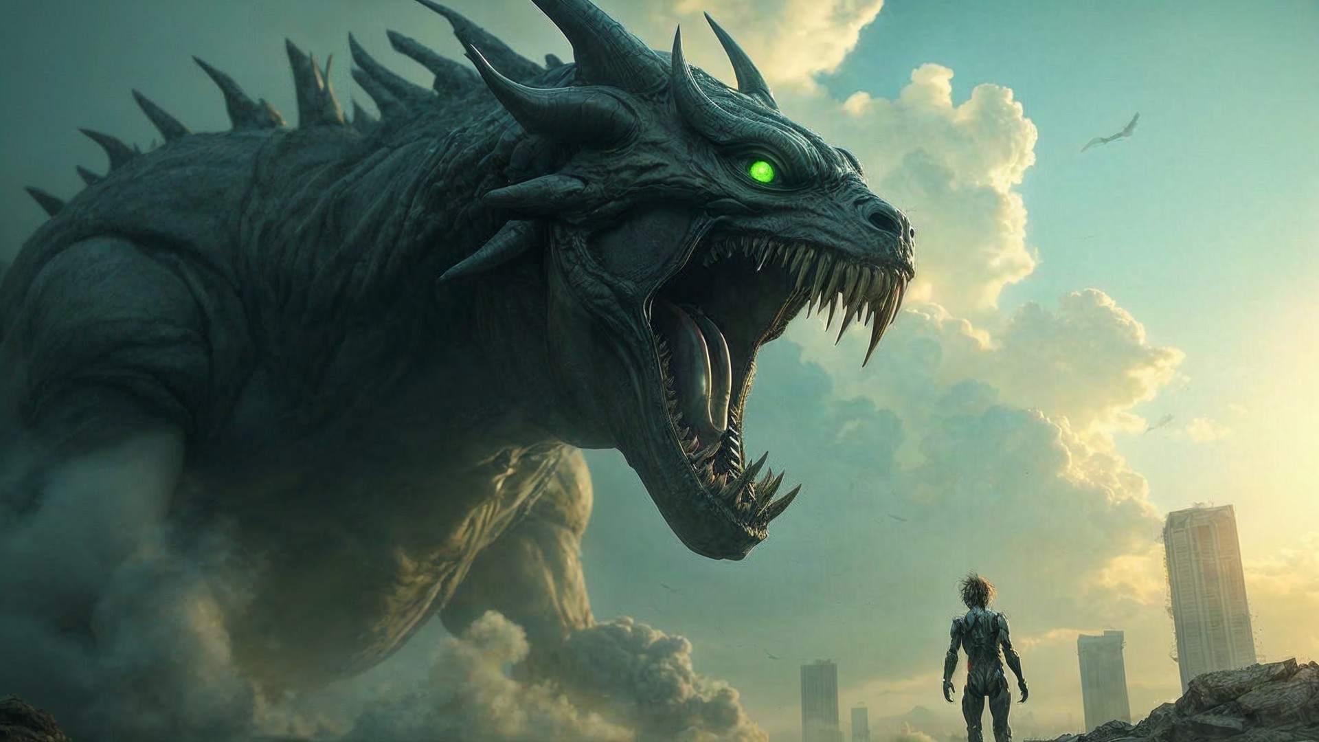 Colossal Dragon Overlooks Figure in Desolate Cityscape