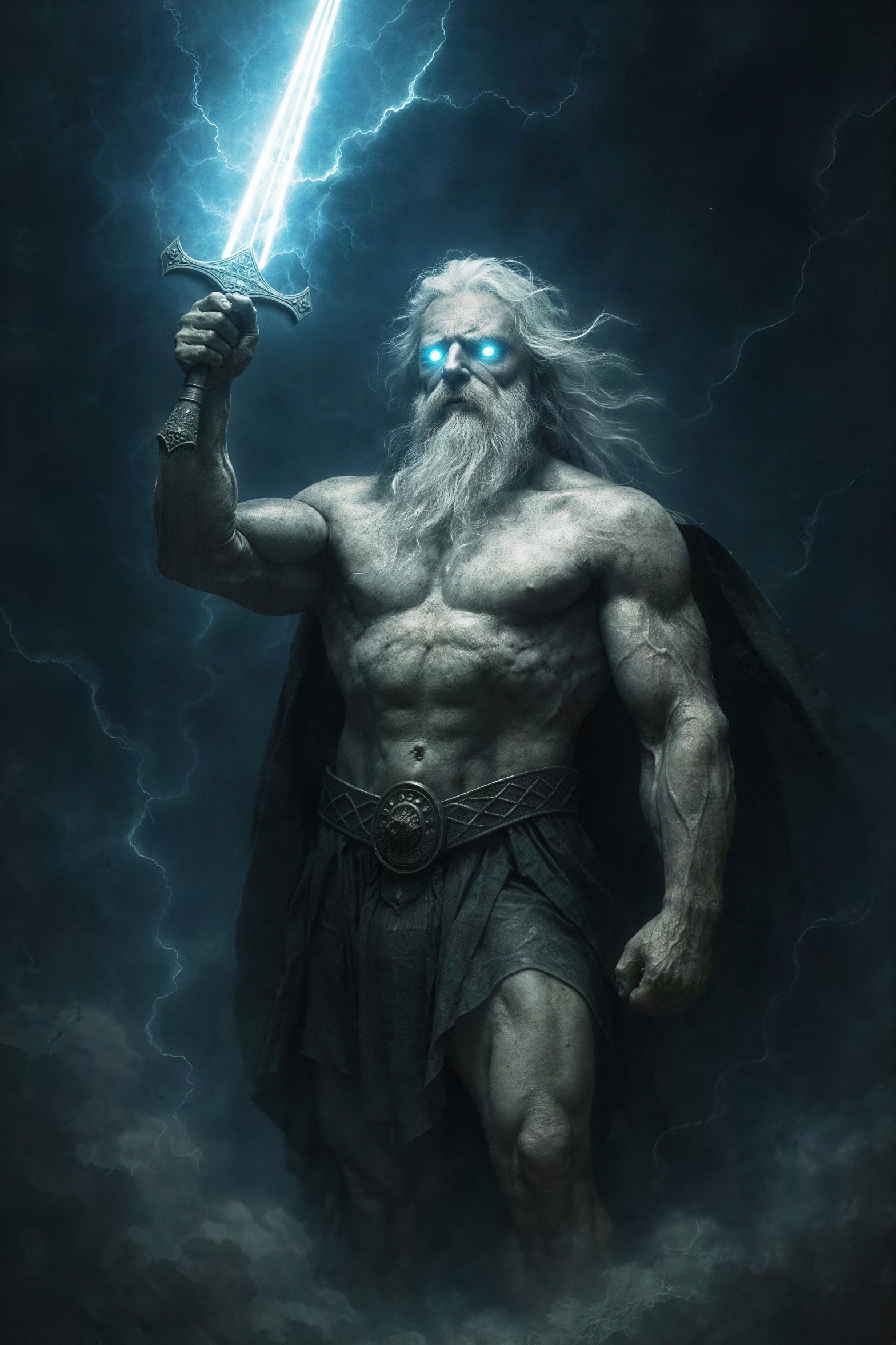 Old God in Storm with Glowing Blue Sword and Cape