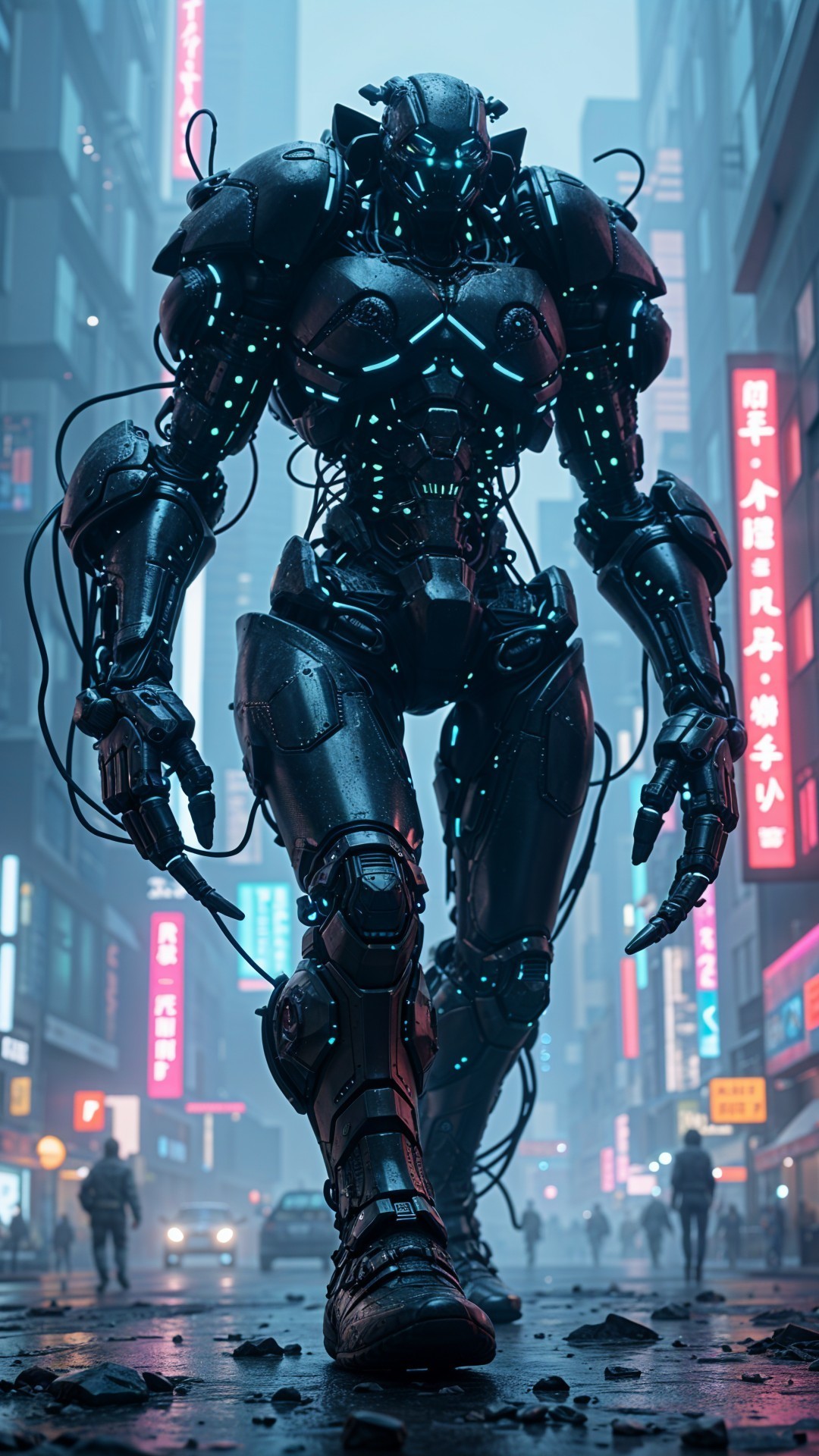 Humanoid Robot in Neon Urban Landscape with Mist