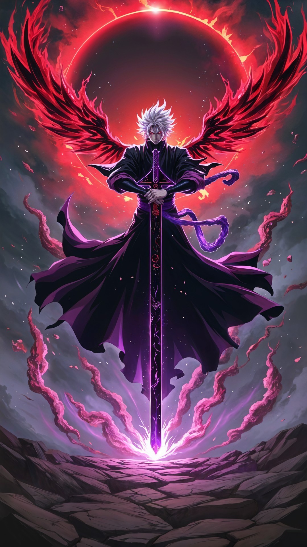Ethereal Figure with Crimson Wings and Dark Sword