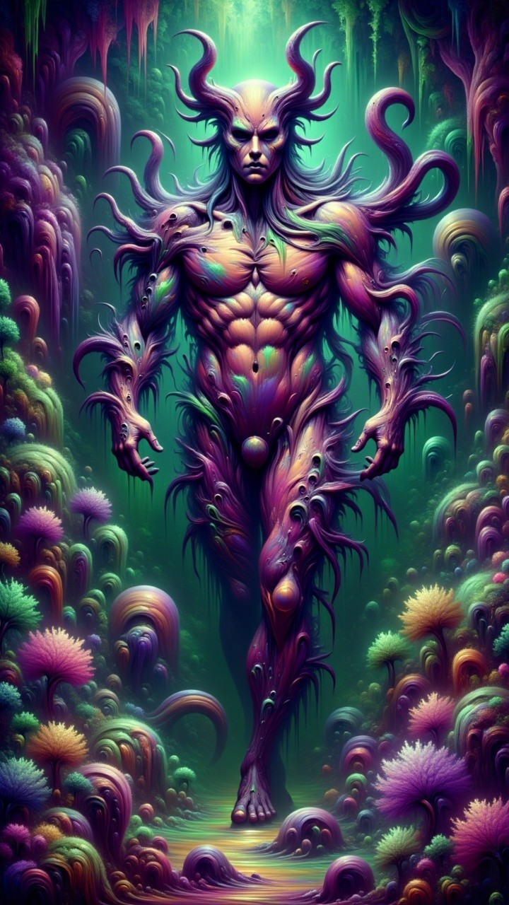Cosmic horror creature in a magical forest setting