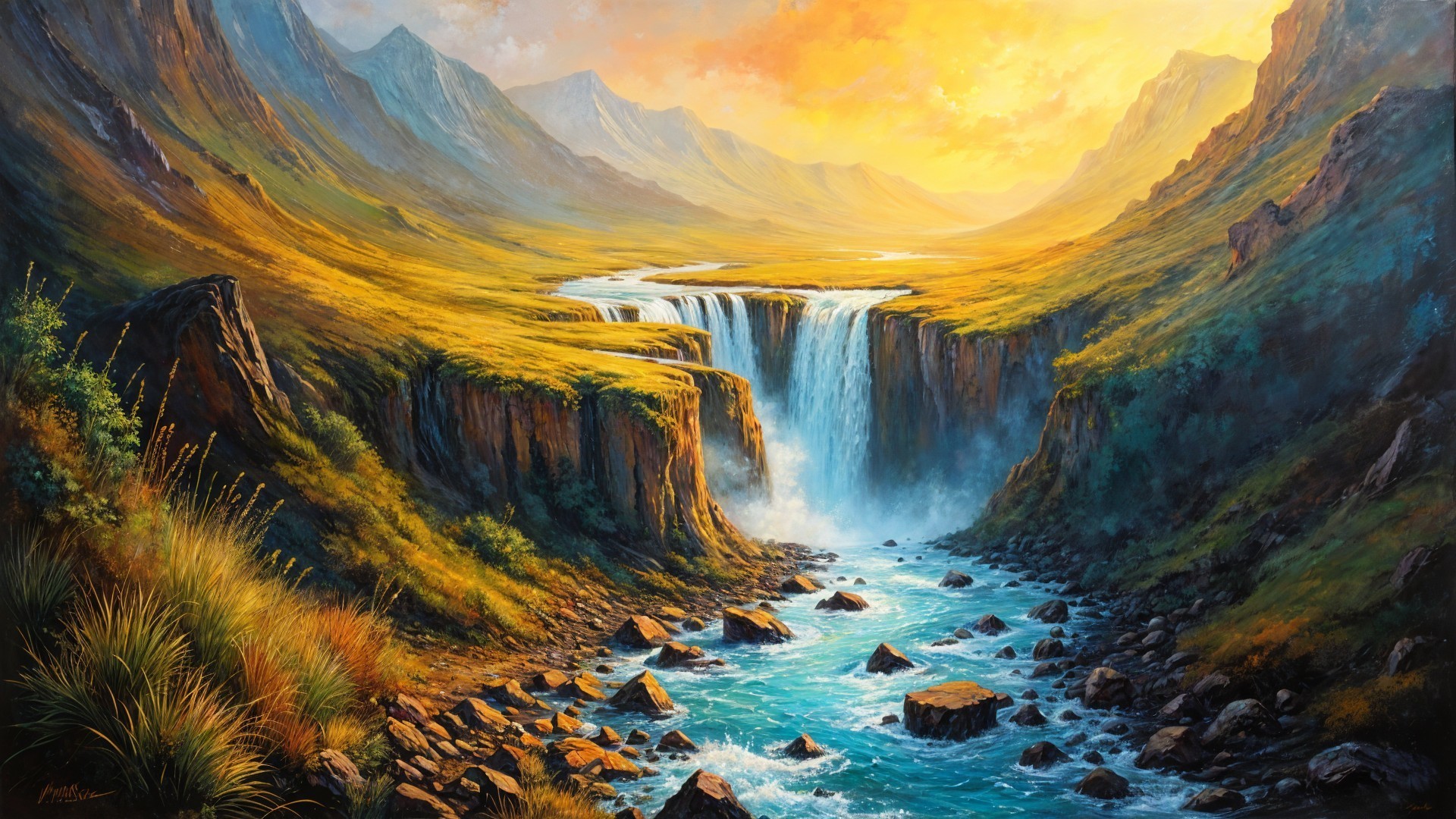 Cascading Waterfall Landscape with Majestic Mountains